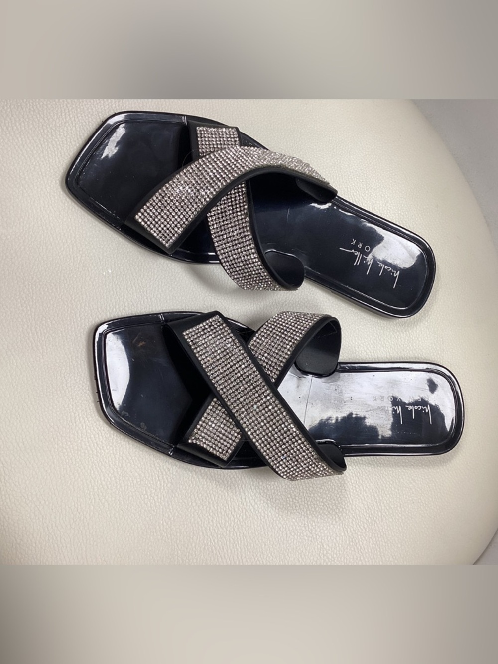 Nicole Miller Black Slide Mules with Crystal Cross Straps - Picture 2 of 5